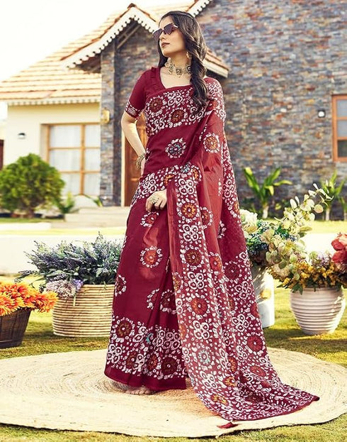 Vasthrlay Womens Printed Light Maroon Saree With Unstitched Blouse Piece