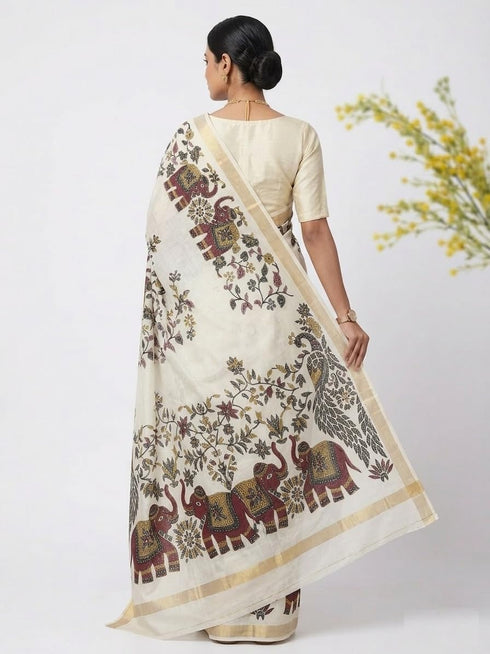 Vasthrlay Off White Printed Elephant Lightweight