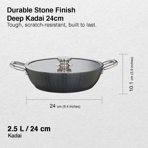 Prestige Durastone Hard Anodised 6 Layer Non-Stick Kadai with Glass Lid