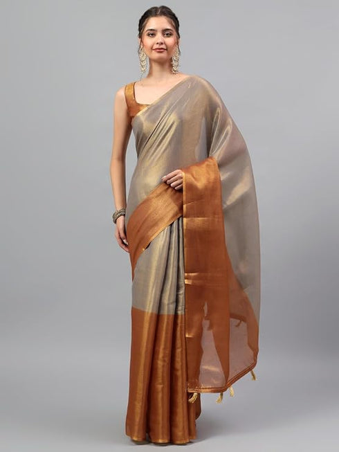 Vasthrlay Brown Womens Ready To Wear One Minute Polyester Erode Zari Saree
