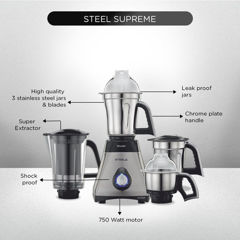 Preethi Steel Supreme MG-208 Mixer Grinder, 750 Watt, 4 Jars - Super Extractor Juicer Jar, Silver/Black
