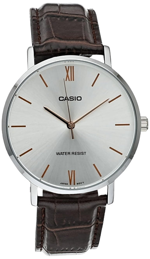 Casio MTP-VT01L-7B2 Mens Minimalistic Silver Dial Brown Leather Band Analog Watch