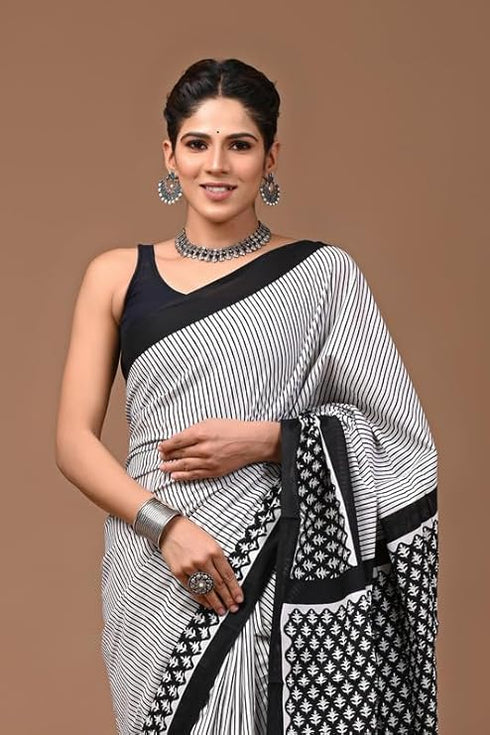 Leel Mulmul Cotton Hand Block Printed Saree