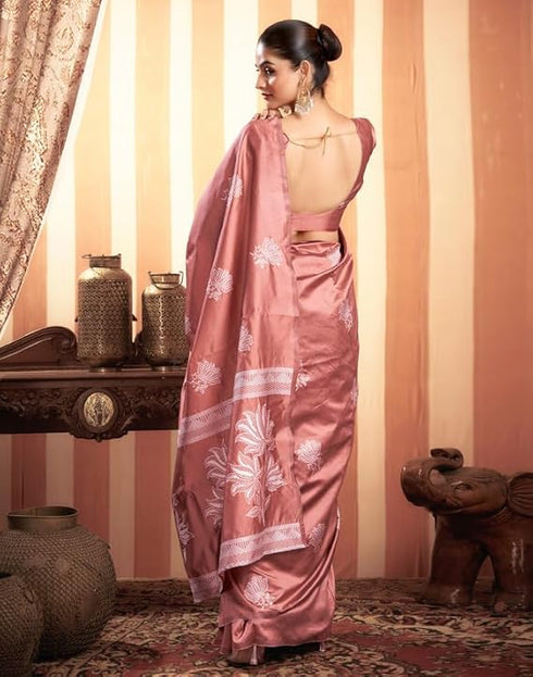Vasthrlay Womens Kanjivaram Unstitched Dusty Pink Saree