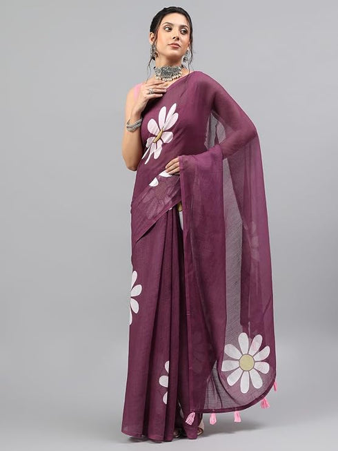 Vasthrlay Dark Purple Linen Floral Printed Saree With Solid Unstitched Linen Blouse Piece