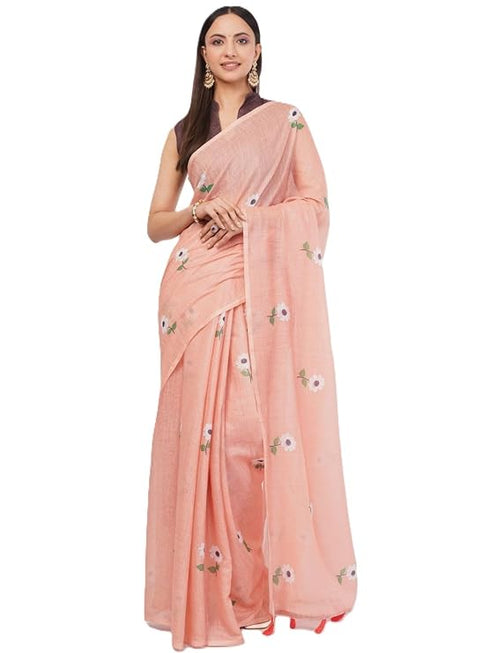 Vasthrlay Peach Printed Linen Saree With Unstitched Blouse Piece