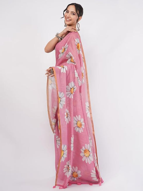 Vasthrlay Pink Floral Digital Print Linen Saree With Unstitched