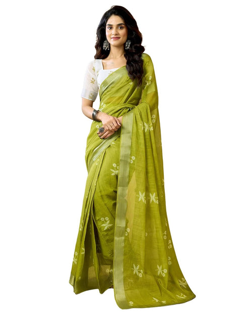 Vasthrlay Womens Printed Unstitched Olive Green Saree
