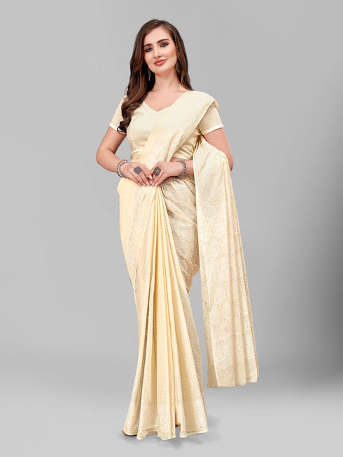 Vasthrlay Cotton Printed Mulmul Beige Saree