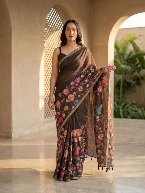 Vasthrlay Brown Floral Linen Saree With Solid Black Unstitched Blouse