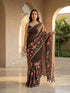 Vasthrlay Brown Floral Linen Saree With Solid Black Unstitched Blouse