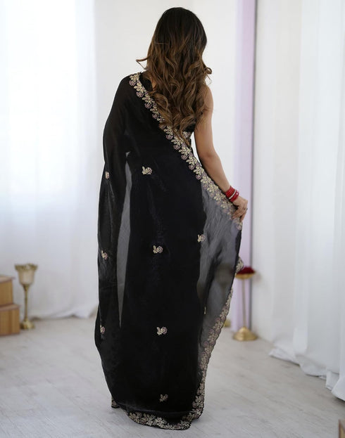 Vasthrlay Scalloped Embroidery Unstitched Rani Pink Saree
