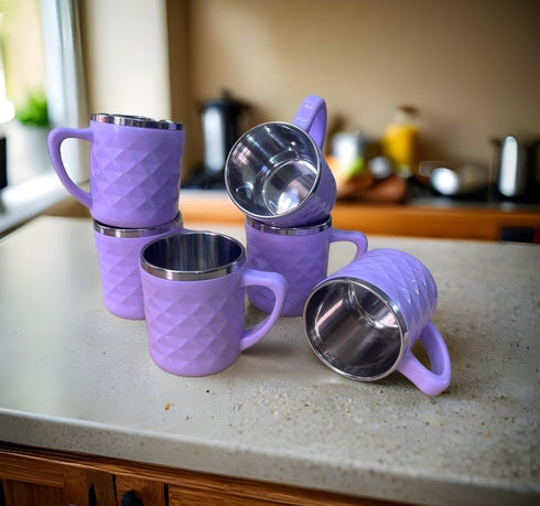 Stainless Steel Tea Cups with Diamond Pattern, 200 ml, Set of 6
