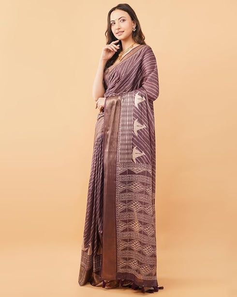 Vasthrlay Taupe Geometric Print Polyester Saree With Dull Gold Zari Border And Unstitched