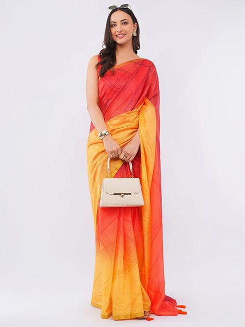 Vasthrlay Women'S Red Chevron Printed Linen Saree With Unstitched Blouse