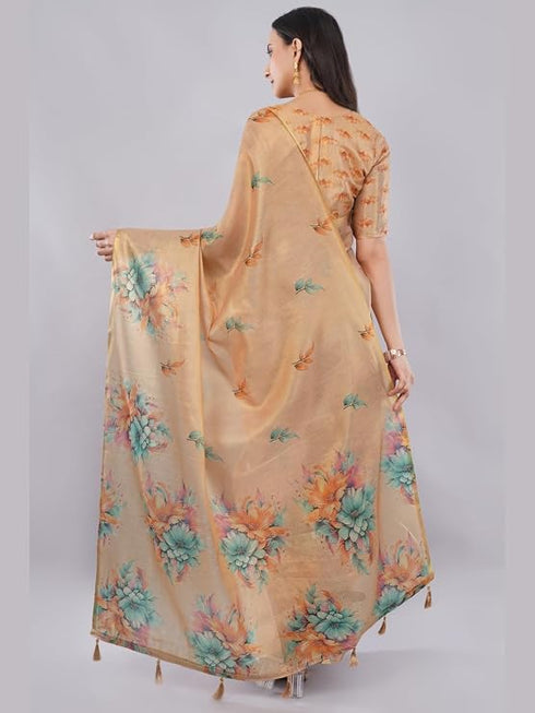 Vasthrlay Peach Floral And Solid Design Polyester Saree With Unstitched Blouse Piece