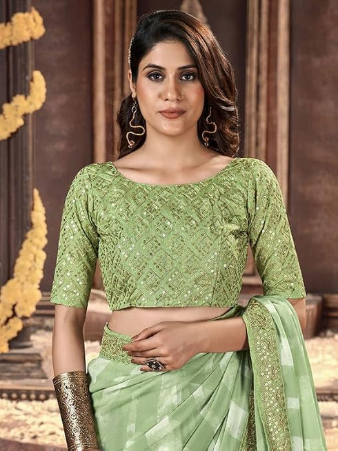 Vasthrlay Georgette Embroidery Green Saree With Unstitched Blouse Piece