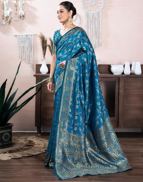 Vasthrlay Womens Banarasi Unstitched Olive Green Saree