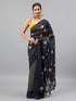 Vasthrlay Midnight Black Faux Georgette Botanical Floral Printed Saree With Unstitched Blouse