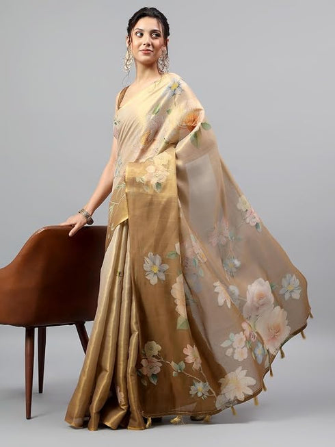 Vasthrlay Rust Heavy Zari Woven Silk Ethnic Saree With Green Blouse