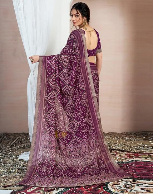 Vasthrlay Chiffon Bandhani Wine Saree With Unstitched Blouse Piece