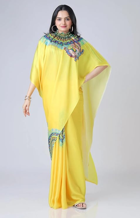 Vasthrlay Printed Kaftan Freehand Saree Yellow Soft Satin Saree