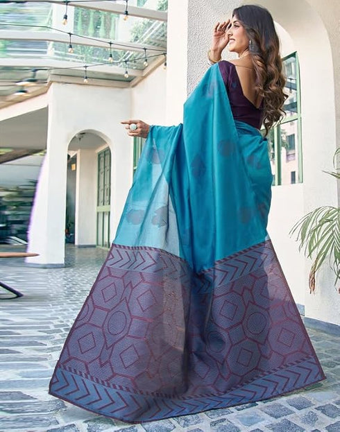 Vasthrlay Banarasi Jacquard Unstitched Teal Saree