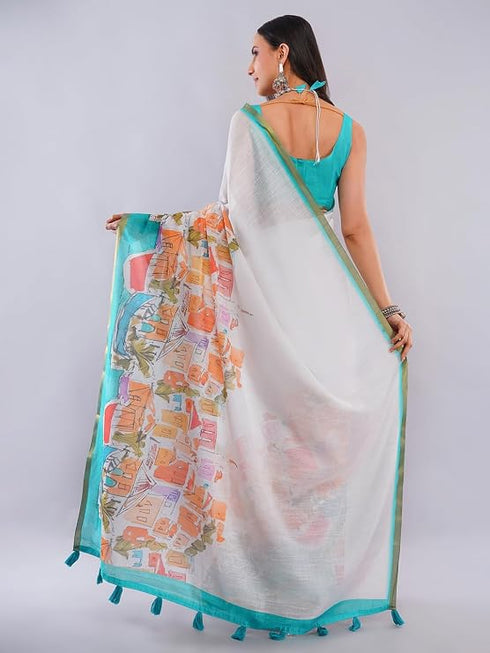 Vasthrlay Women'S Off White Chevron Printed Linen Saree With Unstitched Blouse