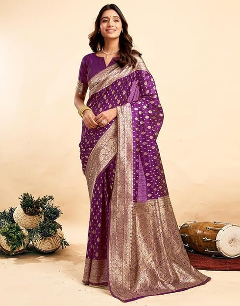Vasthrlay Jacquard Kanjivaram Dark Purple Saree With Unstitched Blouse Piece