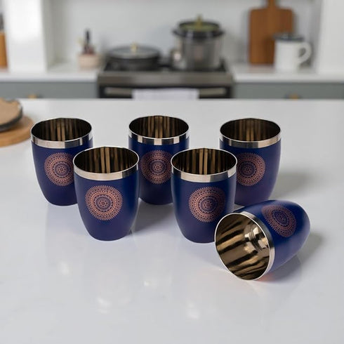 Stainless Steel Printed Round Glasses Set of 6 for Water