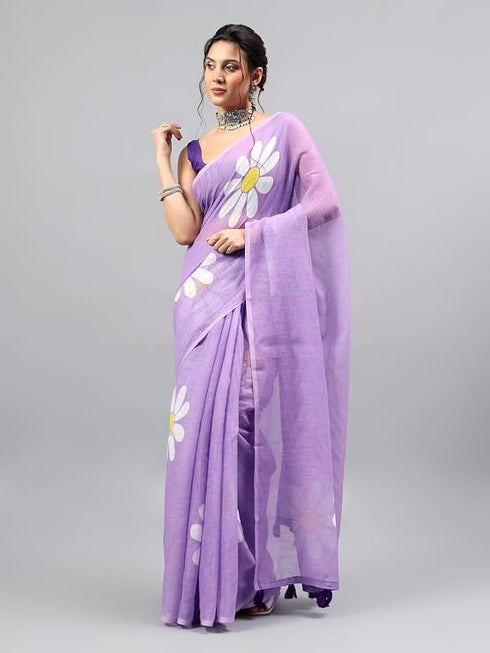 Vasthrlay Purple Linen Floral Printed Saree With Solid Unstitched Linen Blouse Piece