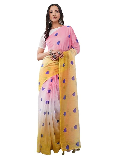 Vasthrlay Pink1 Printed Linen Saree With Unstitched Blouse Piece