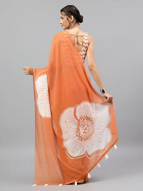 Vasthrlay Midnight Orange Georgette Botanical Floral Printed Saree With Unstitched Blouse