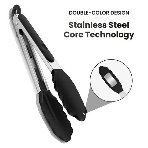 9-Inch Kitchen Tongs for Cooking with Silicone Tip, Black - 600F Heat-Resistant, Stainless Steel Locking Cooking Tongs Food Tongs for BBQ/Cooking/Salad/Serving Food, Heavy Duty, Non-Stick