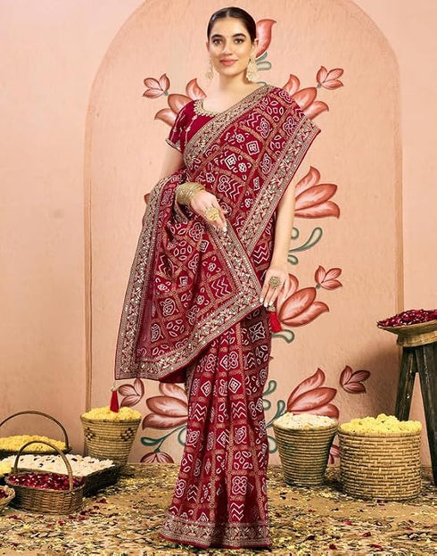Vasthrlay Georgette Embroidery Red1 Saree With Unstitched Blouse Piece