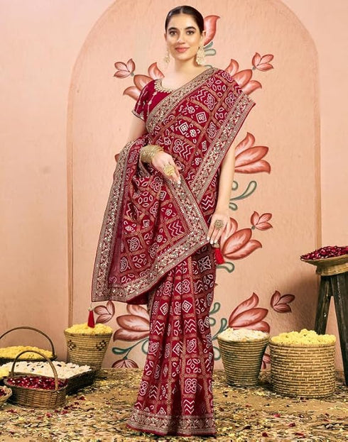 Vasthrlay Georgette Embroidery Unstitched Dark Green Saree