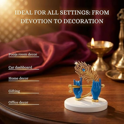Gold Plated Melodic Krishna Hands Statue with Flute & Peacock Feather
