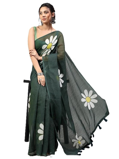 Vasthrlay Dark Green Linen Floral Printed Saree With Solid Unstitched Linen Blouse Piece