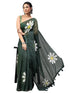 Vasthrlay Dark Green Linen Floral Printed Saree With Solid Unstitched Linen Blouse Piece