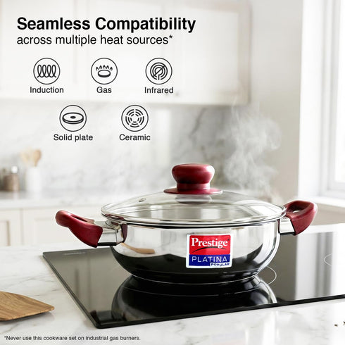 Prestige Platina Popular Stainless Steel Kadhai with Glass Lid