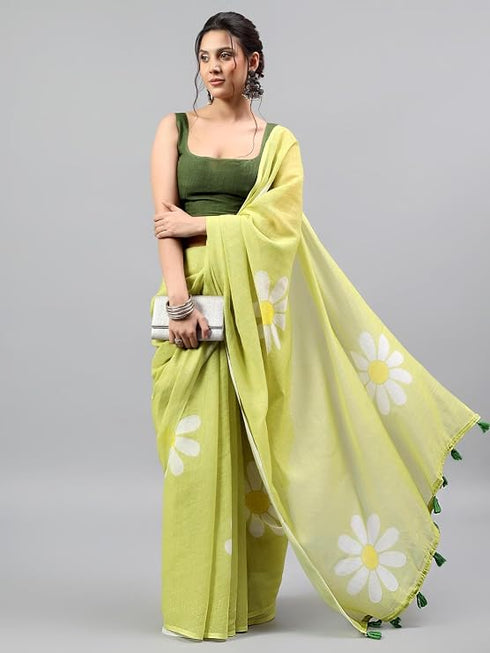 Vasthrlay Green1 Womens Ready To Wear One Minute Linen Fabric Saree