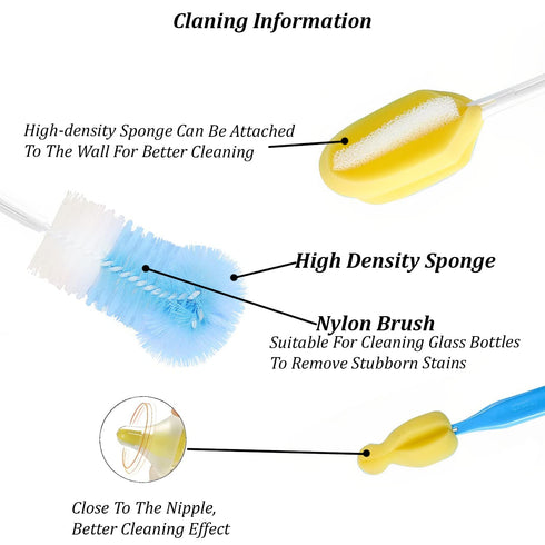 Syga Baby Milk Bottle Nipple Straw Brush Sponge Nylon Cleaning Brush Cleaner Bottle Tong Set