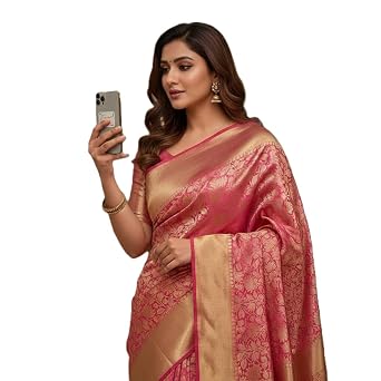 Vasthrlay Pink Tissue Banarasi Soft Silk Pink Saree Tissue Jaal Work With Golden Border