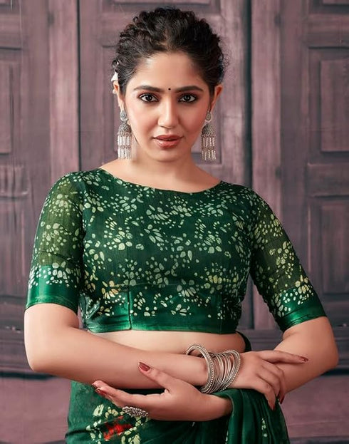 Vasthrlay Womens Printed Unstitched Green Saree