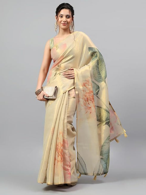 Vasthrlay Beige3 Floral And Solid Design Polyester Saree With Unstitched Blouse Piece