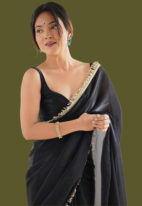 Vasthrlay Black Chiffon Sequins Unstitched Saree