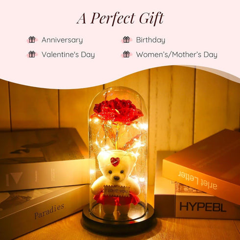 Wishpitara Valentines Day Artificial Rose Flower Light Gift in Glass Dome with Teddy