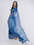 Vasthrlay Blue2 Linen Floral | Striped | Check Design Printed Saree With Solid Unstitched Linen Blouse Piece