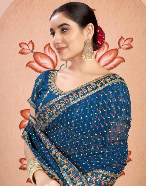 Vasthrlay Bandhani Embroidery Unstitched Rama Green Saree