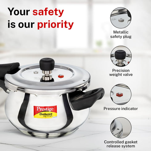 Prestige 3 Litre Stainless Steel Deluxe Alpha Svachh Outer Lid Pressure Cooker